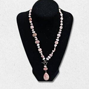 Vintage Stone Necklace Teardrop Opal Pendant Front Toggle Clasp Rose Pink W OS